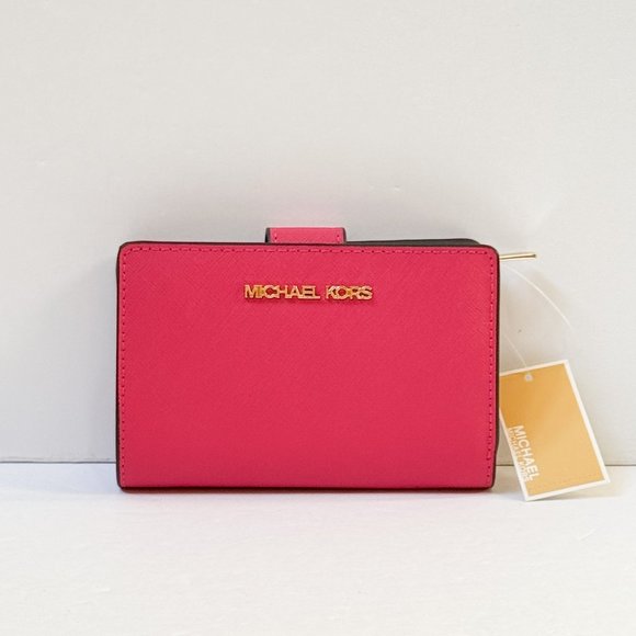 Michael Kors Jet Set Travel Medium Bifold Coin Zipper Wallet Electric Pink - Picture 1 of 11